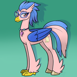 Size: 1400x1400 | Tagged: safe, artist:sinligereep, oc, oc only, oc:vivian iolani, classical hippogriff, hippogriff, beak, cutie mark, female, glasses, gradient background, jewelry, looking at you, necklace, red eyes, simple background, smiling, solo, standing