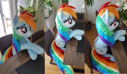 Size: 3432x2008 | Tagged: safe, artist:epicrainbowcrafts, rainbow dash, pegasus, pony, g4, chair, crossed hooves, cute, dashabetes, female, high res, irl, life size, mare, photo, plushie, sitting, solo, table