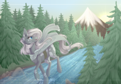 Size: 2500x1750 | Tagged: safe, artist:monogy, oc, oc only, oc:huyana, earth pony, pony, cloak, clothes, female, mare, mountain, river, scarf, scenery, solo, tree