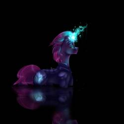 Size: 1024x1024 | Tagged: safe, artist:melodyboundless, tempest shadow, pony, g4, my little pony: the movie, dark, dark background, female, floppy ears, glowing, glowing horn, horn, magic, mare, reflection, solo, water