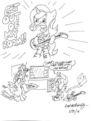 Size: 1944x2592 | Tagged: safe, artist:newportmuse, spike, starlight glimmer, twilight sparkle, alicorn, dragon, pony, unicorn, g4, dialogue, guitar, kite, monochrome, starlight's room, twilight sparkle (alicorn), winged, winged spike, wings