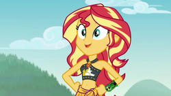Size: 1280x720 | Tagged: safe, edit, sunset shimmer, equestria girls, g4, my little pony equestria girls: better together, unsolved selfie mysteries, belly button, ben 10, ben 10 ultimate alien, bikini, clothes, female, geode of empathy, geode of fauna, geode of shielding, geode of sugar bombs, geode of super speed, geode of super strength, geode of telekinesis, magical geodes, midriff, omnitrix, sarong, solo, stomach, swimsuit, ultimatrix