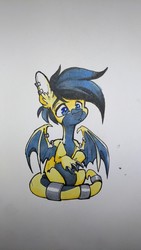 Size: 2620x4656 | Tagged: safe, artist:kez, oc, oc:jet brasshide, dracony, hybrid, chibi, traditional art