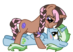 Size: 1000x714 | Tagged: safe, oc, oc only, oc:aria stone, oc:trailbreaker, pony, unicorn, blushing, boop, braid, braided tail, female, male, noseboop, simple background, straddling, transparent background, traria