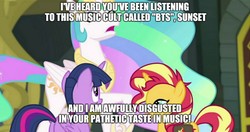 Size: 1236x655 | Tagged: safe, edit, edited screencap, screencap, princess celestia, sunset shimmer, twilight sparkle, alicorn, equestria girls, equestria girls series, forgotten friendship, g4, bts, dialogue, image macro, meme, obtrusive text, op hates kpop and that's fine, op is trying to be funny, op is trying too hard, op wants attention, twilight sparkle (alicorn)