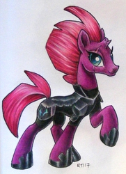 Size: 850x1177 | Tagged: safe, artist:andpie, tempest shadow, pony, unicorn, g4, my little pony: the movie, armor, broken horn, eye scar, female, horn, mare, pretty pretty tempest, raised hoof, scar, smiling, traditional art