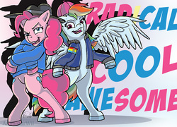 Size: 1200x865 | Tagged: safe, artist:animatorwil, pinkie pie, rainbow dash, awesome, backwards ballcap, baseball cap, bipedal, cap, clothes, cool, crossed hooves, equestria girls outfit, hat, mc pinkie, open mouth, radical, rap, rapper dash, rapper pie, text, traditional art