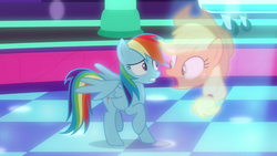 Size: 1280x720 | Tagged: safe, screencap, applejack, rainbow dash, earth pony, pegasus, pony, g4, grannies gone wild, appleghost, disembodied head, female, floating head, frown, gritted teeth, hat, head, looking at each other, mare, open mouth, raised hoof, raised leg, spread wings, wat, wide eyes, wings