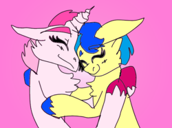 Size: 672x500 | Tagged: safe, oc, oc:fuchsia flame, oc:peachy feather, ambiguous species, pegasus, pony, bare hooves, blushing, cheek fluff, chest fluff, cute, duo, eyebrows, female, horn, hug, hugs needed, pink background, simple background