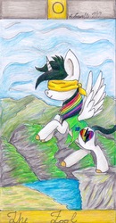 Size: 1209x2332 | Tagged: safe, artist:pristine1281, oc, oc only, oc:lightning bliss, alicorn, pony, blindfold, cliff, female, mare, rainbow alicorn, solo, tarot, the fool, traditional art