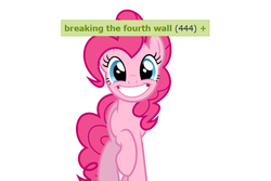 Size: 600x400 | Tagged: safe, pinkie pie, earth pony, pony, derpibooru, g4, breaking the fourth wall, meta, milestone, simple background, smiling, tags, white background