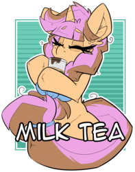 Size: 1280x1626 | Tagged: safe, artist:bbsartboutique, oc, oc only, oc:milk tea, pony, unicorn, badge, braid, coffee, con badge, drinking, eyes closed, female, mare, simple background, solo, transparent background