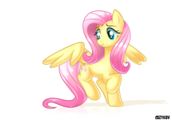 Size: 1024x724 | Tagged: safe, artist:ikuvaito, fluttershy, pegasus, pony, g4, female, mare, raised hoof, raised leg, simple background, smiling, solo, spread wings, white background, wings