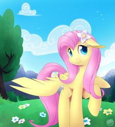 Size: 878x975 | Tagged: safe, artist:skyheavens, fluttershy, pegasus, pony, g4, aside glance, cloud, colored pupils, cute, female, floppy ears, flower, flower in hair, grass, looking at you, mare, mountain, nature, outdoors, pretty, raised hoof, shyabetes, sky, solo, spread wings, standing, tree, turned head, wings