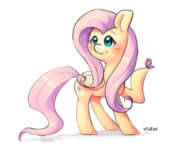 Size: 1124x965 | Tagged: safe, artist:verydefinitelyawolf, fluttershy, butterfly, pony, g4, blushing, cute, female, mare, shyabetes, simple background, smiling, solo, white background