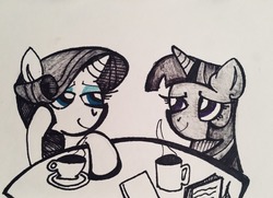 Size: 1280x926 | Tagged: safe, artist:aperaturescience, rarity, twilight sparkle, pony, unicorn, rarilightbomb, g4, cup, female, grayscale, horn, lesbian, looking at each other, mare, monochrome, mug, partial color, ship:rarilight, shipping, simple background, smiling, table, traditional art