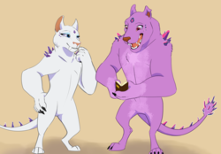 Size: 1280x892 | Tagged: safe, artist:bear-minimum-art, rarity, twilight sparkle, diamond dog, original species, rarilightbomb, g4, book, claws, crystal cat, duo, fangs, female, lesbian, reading, ship:rarilight, shipping, simple background, smiling, species swap, spikes, teeth