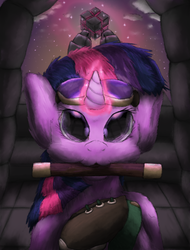 Size: 1584x2088 | Tagged: safe, artist:firefanatic, twilight sparkle, pony, g4, :3, boots, cute, female, fluffy, glowing horn, goggles, horn, magic wand, messy mane, minecraft, mouth hold, shoes, solo, thaumcraft, wand