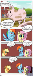 Size: 1024x2299 | Tagged: safe, artist:richard-skip, applejack, fluttershy, rainbow dash, earth pony, pegasus, pig, pony, g4, comic, female, fridge horror, imminent crying, mare, peppa pig, peppa pig (character), ponies eating meat, speech bubble, sweet apple acres, the implications are horrible, this will end in tears, unfortunate implications, when you see it