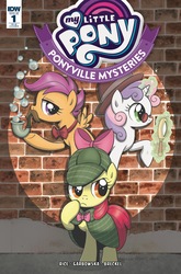 Size: 1054x1600 | Tagged: safe, artist:brendahickey, apple bloom, scootaloo, sweetie belle, earth pony, pegasus, pony, unicorn, g4, idw, ponyville mysteries, spoiler:comic, spoiler:comicponyvillemysteries1, bubble, bubble pipe, clothes, cover, cutie mark crusaders, deerstalker, detective, facial hair, female, filly, hat, magic, magnifying glass, moustache, pipe, ribbon, sherlock holmes