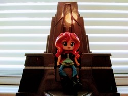Size: 3264x2448 | Tagged: safe, artist:artking3000, sunset shimmer, equestria girls, g4, boots, clothes, doll, equestria girls minis, eqventures of the minis, high res, irl, pants, photo, shirt, shoes, throne, toy