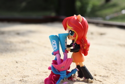 Size: 6000x4000 | Tagged: safe, artist:artofmagicpoland, pinkie pie, sunset shimmer, equestria girls, g4, clothes, doll, equestria girls minis, eqventures of the minis, female, irl, photo, skirt, story in the source, stuck, toy, upside down