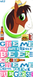Size: 574x1322 | Tagged: safe, artist:horsesplease, trouble shoes, g4, 1000 hours in ms paint, alcohol, bottle, budweiser, burger, can, drunken shoes, food, meme, wow! glimmer