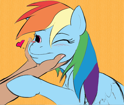 Size: 1141x963 | Tagged: safe, artist:crocface, color edit, edit, editor:dreamy orange, rainbow dash, human, pony, g4, behaving like a dog, colored, cute, dashabetes, heart, holding head, human on pony petting, one eye closed, orange background, petting, simple background