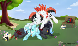 Size: 2028x1200 | Tagged: safe, artist:raspberrystudios, oc, oc only, kirin, pegasus, pony, armor, commission, field, park, play-fighting, shading