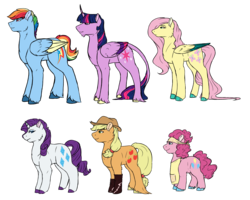 Size: 3799x3033 | Tagged: safe, artist:minsona, applejack, fluttershy, pinkie pie, rainbow dash, rarity, twilight sparkle, alicorn, classical unicorn, pony, unicorn, g4, apron, boots, clothes, cloven hooves, colored hooves, colored wings, female, high res, horn, leonine tail, mane six, mare, multicolored wings, shoes, simple background, size difference, transparent background, twilight sparkle (alicorn), two toned wings, unshorn fetlocks