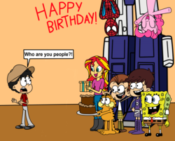 Size: 1942x1558 | Tagged: safe, artist:eagc7, pinkie pie, sunset shimmer, oc, cat, earth pony, pony, equestria girls, g4, birthday, cake, clothes, comic, crossover, eating, female, food, garfield, luan loud, luna loud, male, nickelodeon, optimus prime, present, simple background, spider-man, spongebob squarepants, spongebob squarepants (character), text, the loud house, transformers