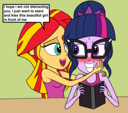 Size: 2041x1798 | Tagged: safe, artist:eagc7, sci-twi, sunset shimmer, twilight sparkle, human, equestria girls, g4, blushing, book, clothes, comic, contest entry, dialogue, distracted by the sexy, female, flirting, glasses, green background, lesbian, nervous, reading, ship:sci-twishimmer, ship:sunsetsparkle, shipping, simple background, sleeveless, sweat, tank top, text