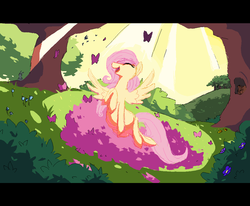 Size: 1044x860 | Tagged: safe, artist:mint spring, derpibooru exclusive, fluttershy, bird, butterfly, pegasus, pony, squirrel, g4, eyes closed, female, flower, mare, smiling, solo, tree, younger
