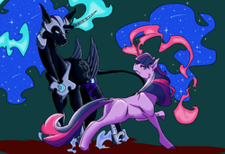Size: 750x512 | Tagged: safe, artist:valo-son, nightmare moon, twilight sparkle, alicorn, pony, unicorn, g4, curved horn, duo, female, green background, horn, leonine tail, looking at each other, magic, mare, simple background, unicorn twilight, wings