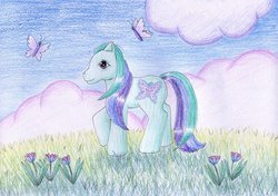 Size: 1024x721 | Tagged: safe, artist:normaleeinsane, daybreak, butterfly, pony, g3, cloud, female, flower, grass, solo, traditional art