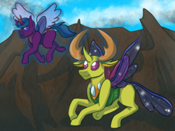 Size: 2000x1500 | Tagged: safe, artist:percy-mcmurphy, thorax, oc, oc:alistair, alicorn, changedling, changeling, changepony, hybrid, pony, g4, antennae, antlers, colored sclera, fangs, flying, foal, horn, hybrid wings, insect wings, interspecies offspring, king thorax, magic, male, mountain, offspring, parent:thorax, parent:twilight sparkle, parents:twirax, smiling, telekinesis