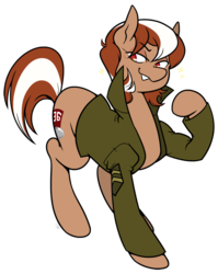 Size: 863x1085 | Tagged: safe, artist:egophiliac, oc, oc only, oc:roulette, earth pony, pony, clothes, female, flexing, jacket, mare, simple background, smiling, smirk, solo, sparkles, transparent background