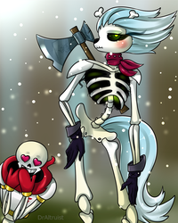 Size: 720x900 | Tagged: safe, artist:draltruist, skellinore, anthro, g4, the break up breakdown, axe, blushing, bone, clothes, crossover, crossover shipping, female, gloves, male, papyrus (undertale), shipping, skeleton, straight, undertale, weapon