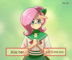 Size: 1849x1549 | Tagged: safe, artist:traupa, fluttershy, pegasus, anthro, g4, clothes, dating sim, female, mare, solo, video game