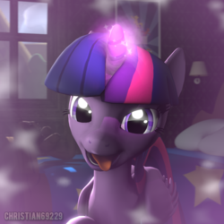 Size: 1024x1024 | Tagged: safe, artist:christian69229, twilight sparkle, alicorn, pony, g4, 3d, bed, bust, female, imminent vore, looking at you, offscreen character, portrait, pov, solo, source filmmaker, teeth, tongue out, twilight sparkle (alicorn), twipred