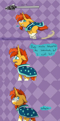 Size: 1280x2559 | Tagged: safe, artist:kazzmcsass, sunburst, pony, unicorn, g4, ask-storm-king, ask-wizard-sunburst, clothes, comic, spear, weapon