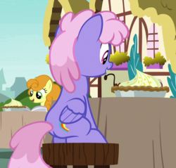 Size: 376x360 | Tagged: safe, screencap, carrot top, golden harvest, rainbowshine, pegasus, pony, g4, secrets and pies, background pony, butt, cropped, female, food, lemon meringue pie, mare, pie, plot, rainbow butt, sitting, solo focus, table