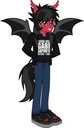 Size: 1425x2163 | Tagged: safe, artist:lightningbolt, derpibooru exclusive, equestria girls, g4, .svg available, bat wings, clandestine industries, clothes, ear fluff, equestria girls-ified, eyeliner, fall out boy, fangs, glasses, glowing, grin, hair over one eye, hands behind back, jeans, jewelry, makeup, male, necklace, necktie, pants, pete wentz, ponied up, pony ears, shirt, shoes, show accurate, simple background, smiling, sneakers, solo, suit, svg, tailed humanization, transparent background, undershirt, vector, wings