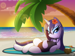 Size: 1024x767 | Tagged: safe, artist:lennonblack, rarity, pony, unicorn, g4, beach, beauty mark, chest fluff, clothes, coconut, coconut cup, female, flower, flower in hair, food, lidded eyes, mare, ocean, one-piece swimsuit, palm tree, solo, sunset, swimsuit, tree, wet mane