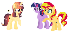 Size: 1020x468 | Tagged: safe, artist:sugarluna, sunset shimmer, twilight sparkle, oc, alicorn, pony, unicorn, g4, female, lesbian, magical lesbian spawn, offspring, parent:sunset shimmer, parent:twilight sparkle, parents:sunsetsparkle, ship:sunsetsparkle, shipping, simple background, twilight sparkle (alicorn), white background