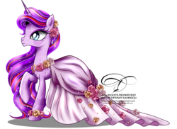 Size: 1200x873 | Tagged: safe, artist:tiffanymarsou, oc, oc only, oc:timeless love, crystal pony, pony, unicorn, clothes, commission, concave belly, dress, eyelashes, eyeshadow, female, flower, gala dress, horn, jewelry, long dress, long mane, makeup, mare, raised hoof, side view, simple background, slender, smiling, solo, thin, transparent background, watermark