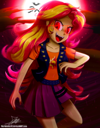 Size: 1020x1300 | Tagged: safe, artist:the-butch-x, sunset shimmer, bat, undead, vampire, equestria girls, equestria girls series, beautiful, blood moon, clothes, evil grin, fangs, glowing eyes, grin, jacket, leather jacket, looking at you, moon, open mouth, red eyes, signature, skirt, smiling, solo, style emulation, vampire shimmer