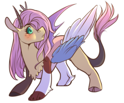 Size: 2562x2129 | Tagged: safe, artist:ask-ravenclaw, fluttershy, draconequus, g4, draconequified, female, flutterequus, high res, mismatched horns, mismatched wings, simple background, solo, species swap, transparent background, wings