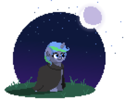 Size: 999x799 | Tagged: safe, artist:air muffins, oc, oc only, oc:star gazer, pony, cloak, clothes, female, mare, moon, night, pixel art, simple background, solo, stars, transparent background