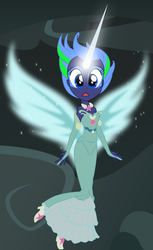 Size: 626x1024 | Tagged: safe, artist:mighty borlaug, oc, oc only, oc:star gazer, equestria girls, g4, clothes, dress, gloves, high heels, horn, magic overload, shoes, solo, wings